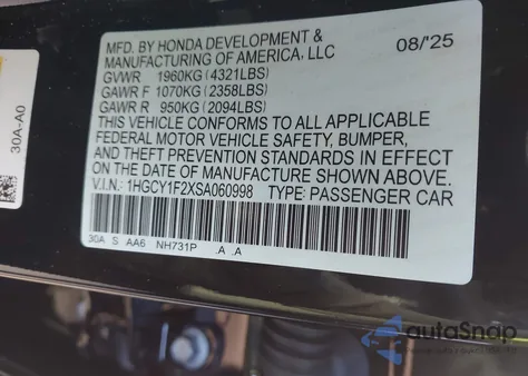2025 Honda Accord Lx from USA, damaged, VIN 1HGCY1F2XSA060998